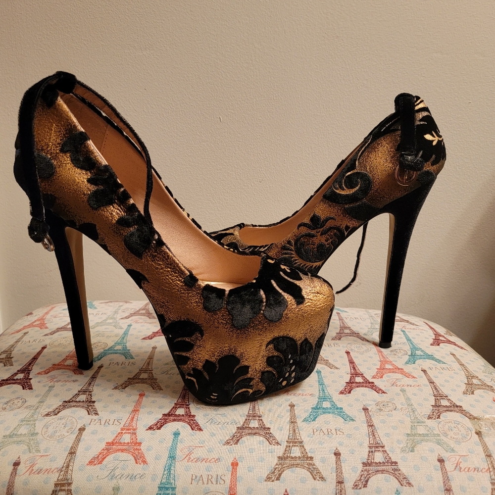 YOKO Velour Black and gold platform heels